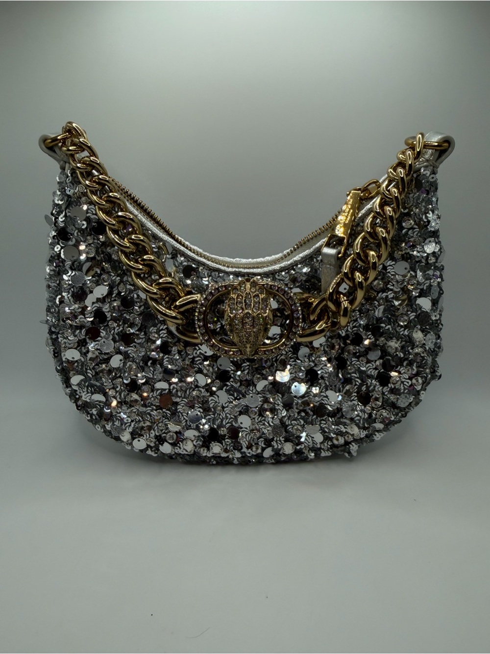 Kurt Geiger Silver Sequin Chain-Accent Shoulder Bag w/ heavy chain w/Eagle head
